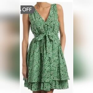 SEE by CHLOE Fit Flare Mini Dress SZ 4 green geometric sleeveless Silk Flounce